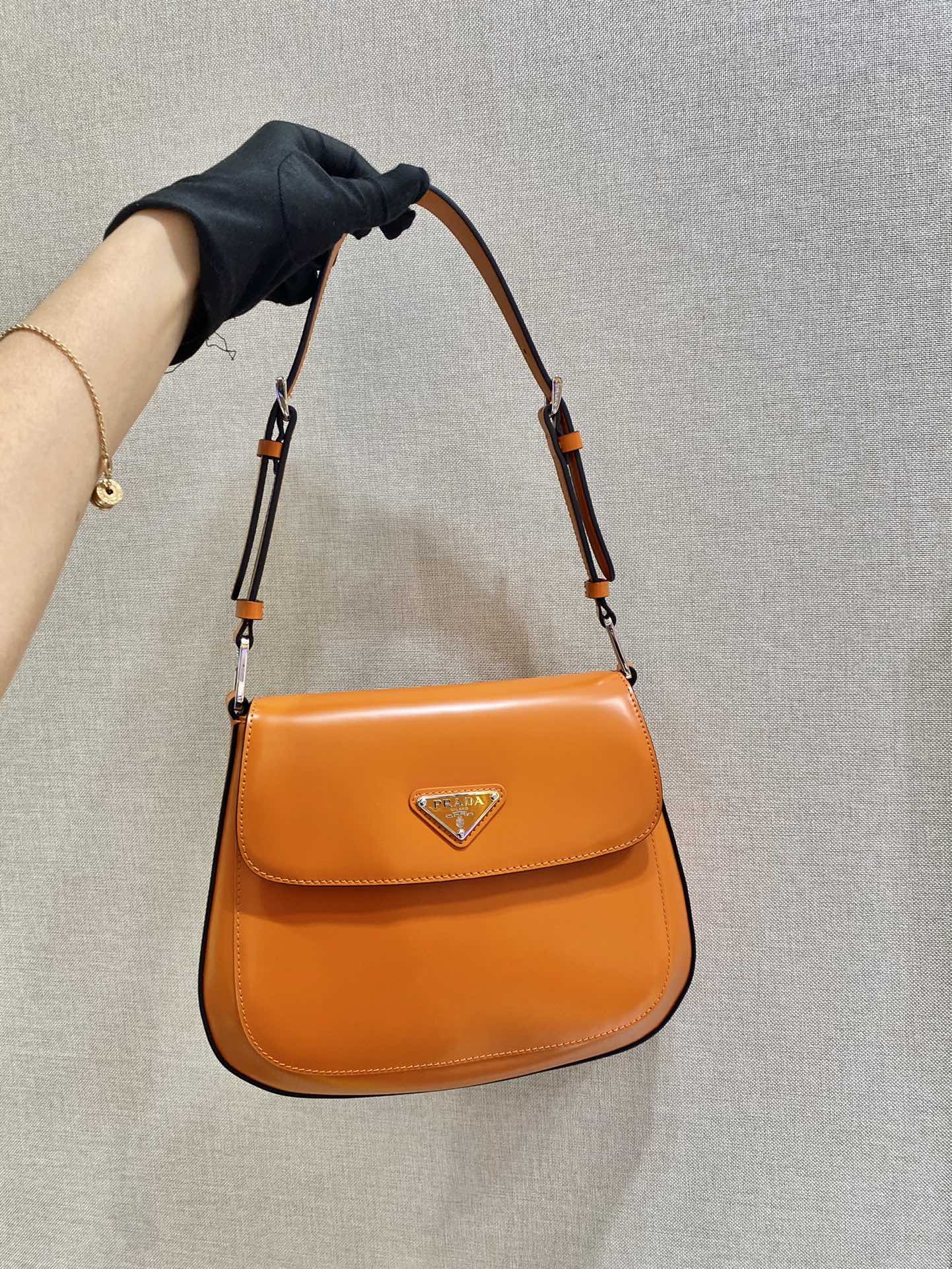 Prada Cleo Brushed Leather Shoulder Bag With Flap Orange 1BD303